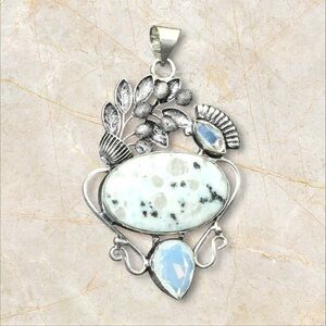 Hand Crafted Floral Leaf Pendant KIWI JASPER White Speckled & Opalite Accent